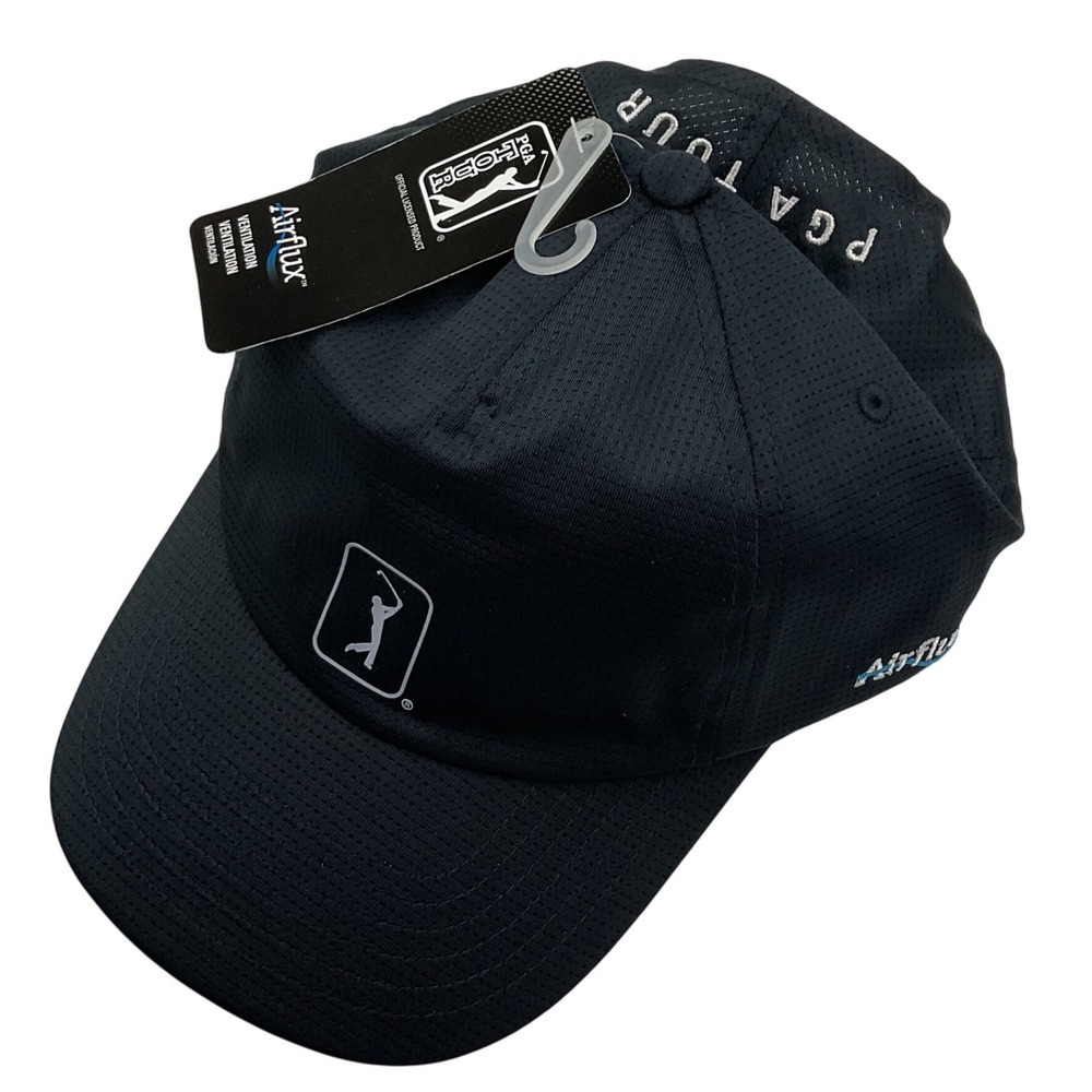 PGA Tour Airflux Golf Hat Mens Caviar Black Adjustable Ventilated Mesh Cap NEW